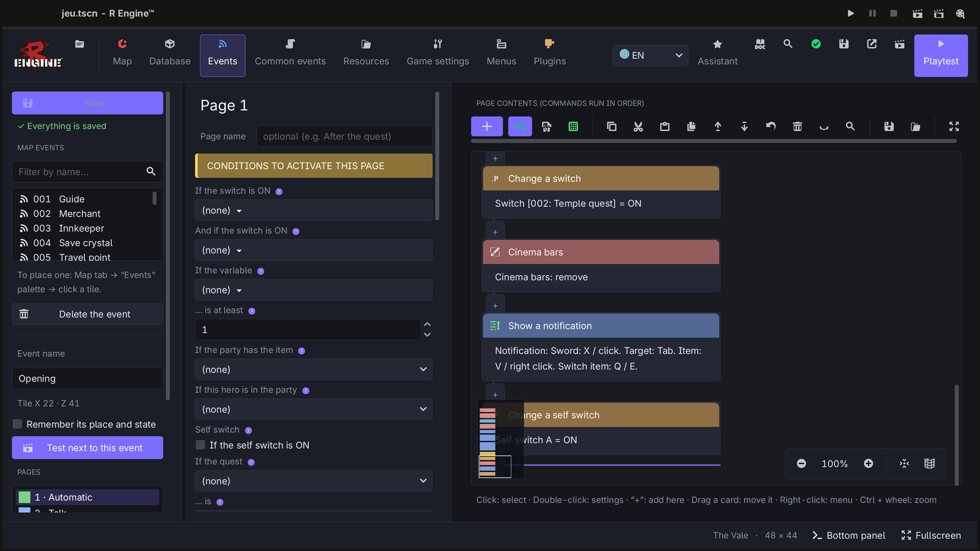 R Engine visual event editor showing commands, conditions and event pages